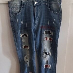 Distressed Blue Jeans with Heart And American Flag Patchwork